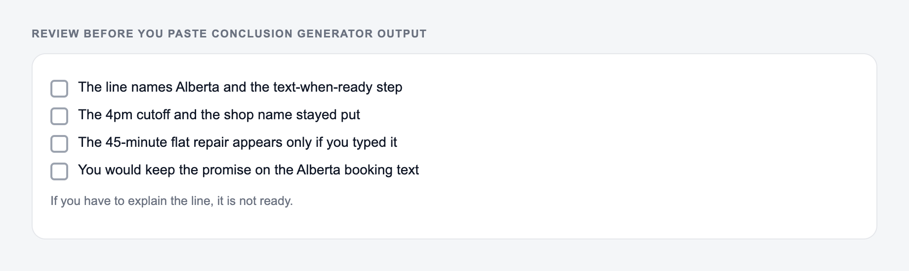 Screenshot of a four-item review checklist for Conclusion Generator output, covering what must stay true and what the draft is not allowed to invent
