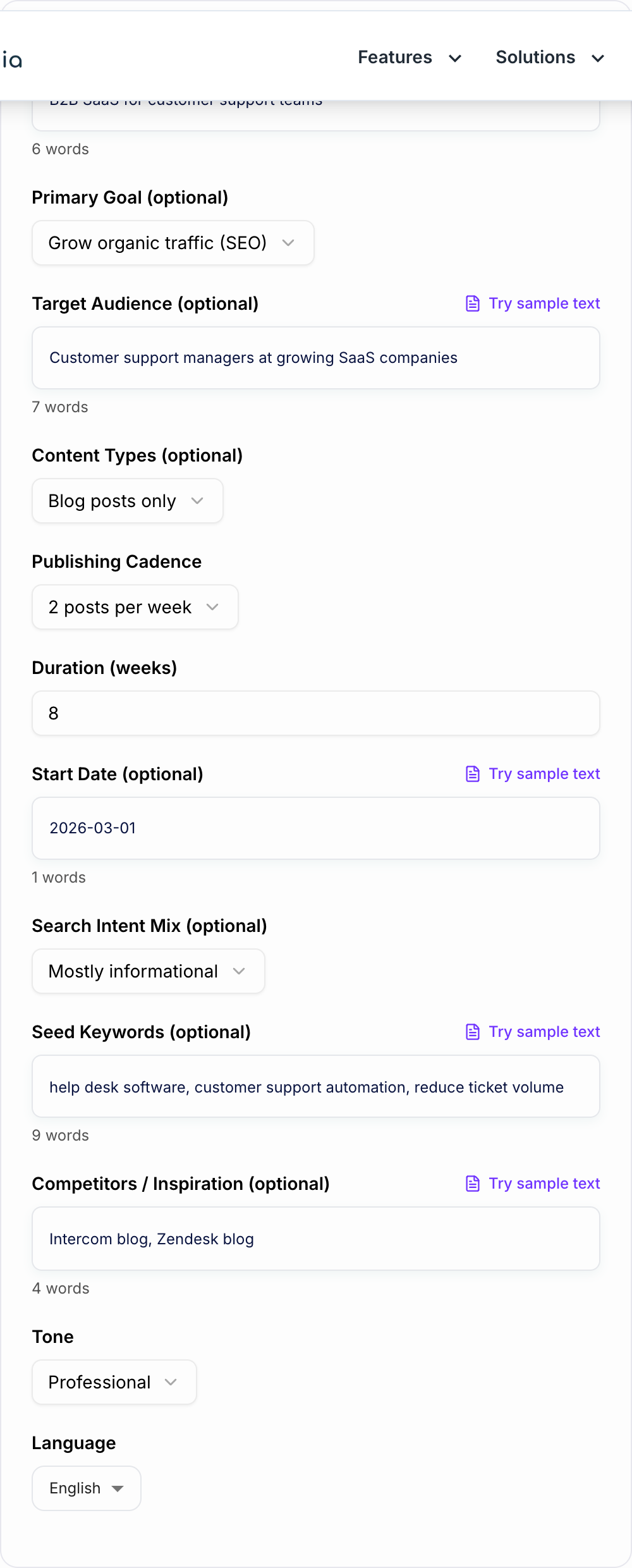 Screenshot of the AI Content Calendar Generator form with niche, cadence, and capacity fields filled in