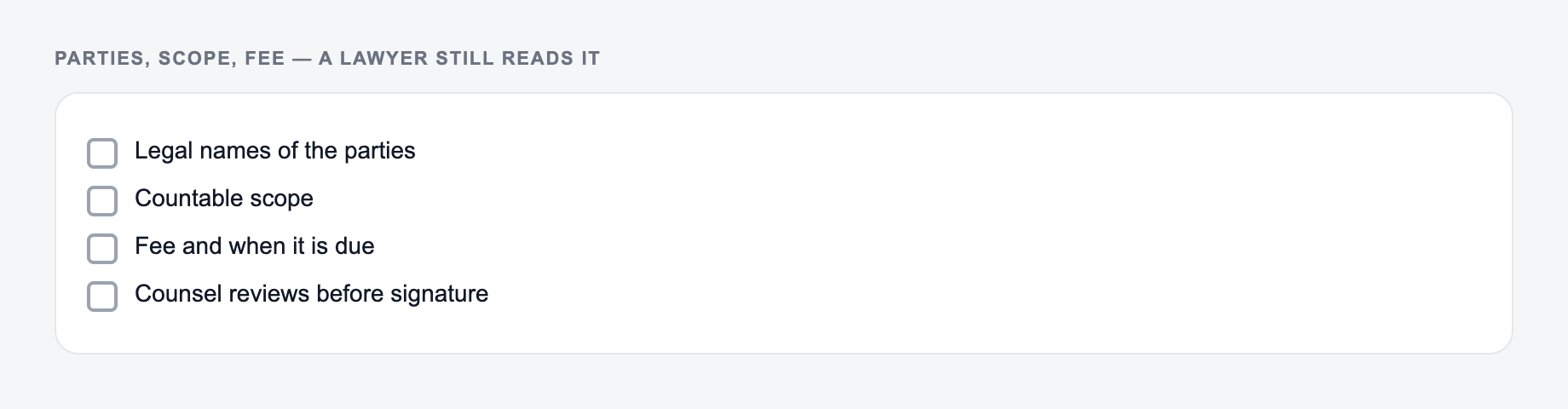Screenshot from the AI Contract Generator showing a contract draft that names fee, scope, and what is out