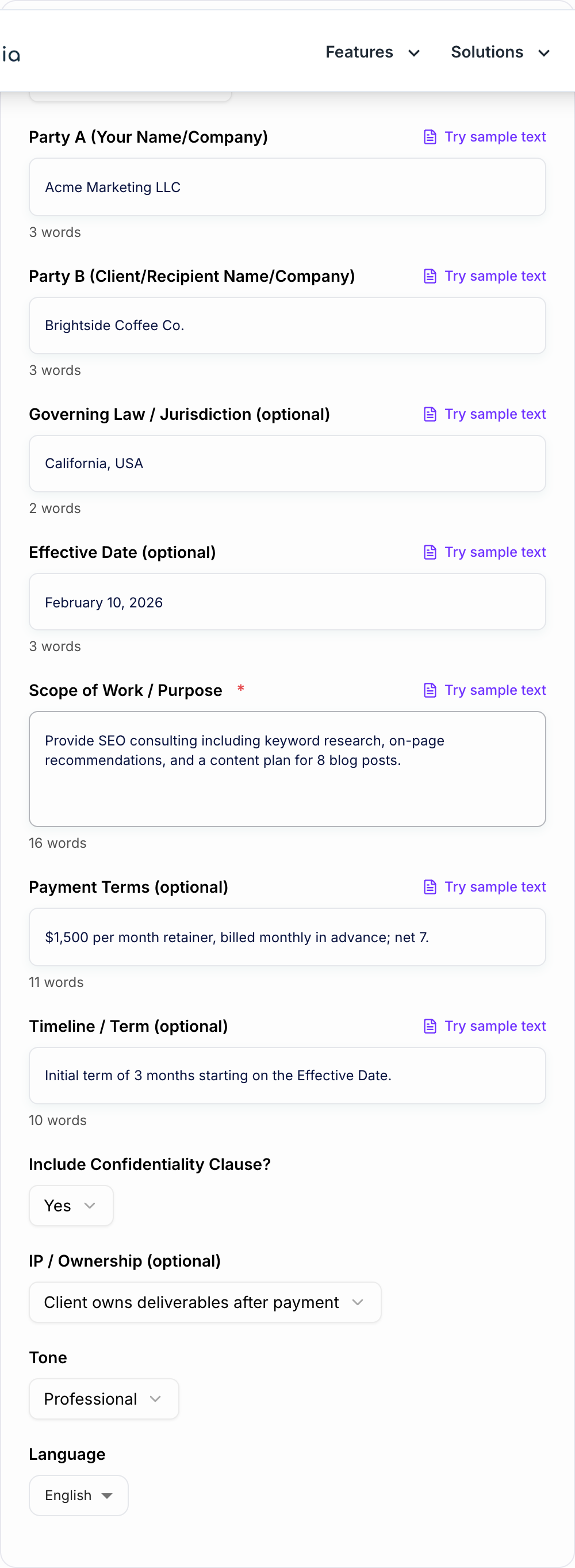 Screenshot of the AI Contract Generator workspace