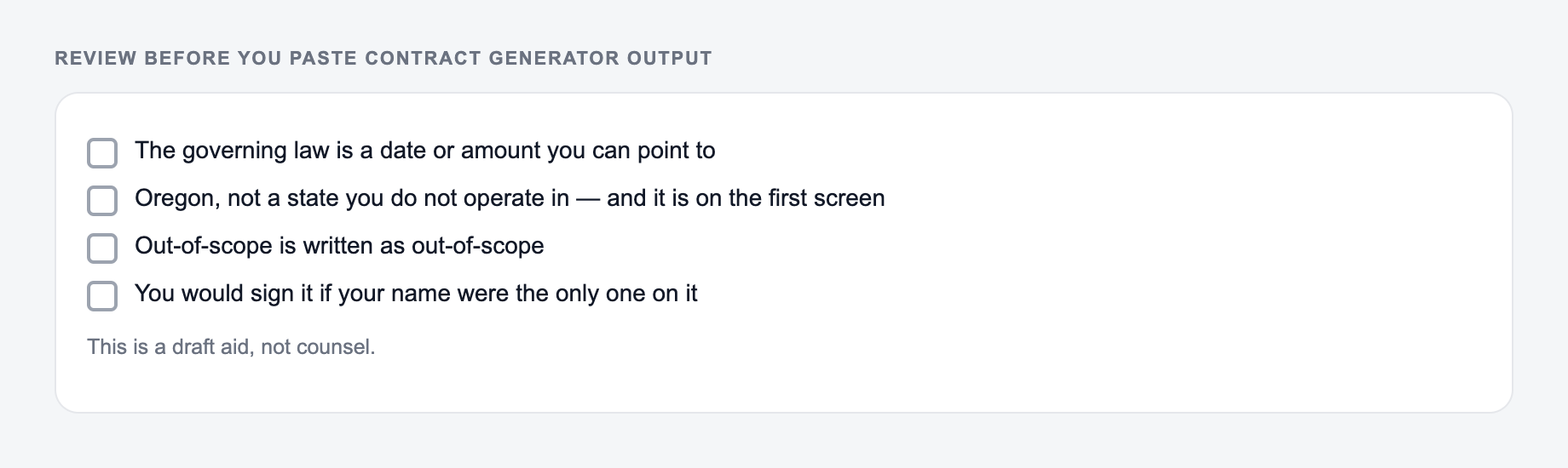 Screenshot of a four-item review checklist for Contract Generator output, covering what must stay true and what the draft is not allowed to invent