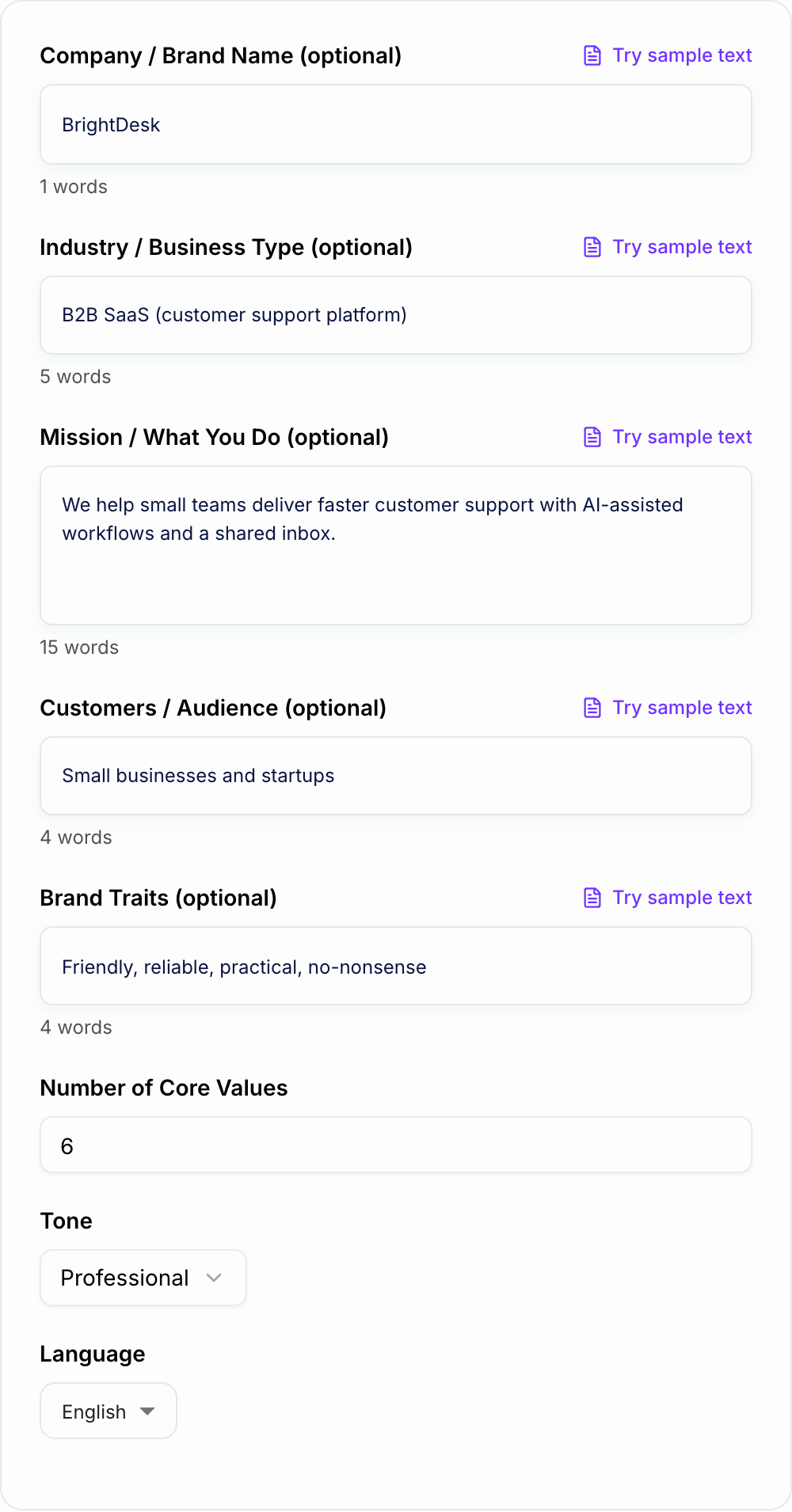 Screenshot of the AI Core Values Generator workspace