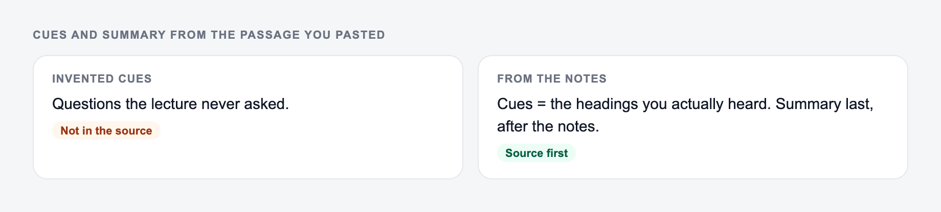 Screenshot from the AI Cornell Notes Generator showing Cornell notes with cues, notes, and a summary that matches the reading