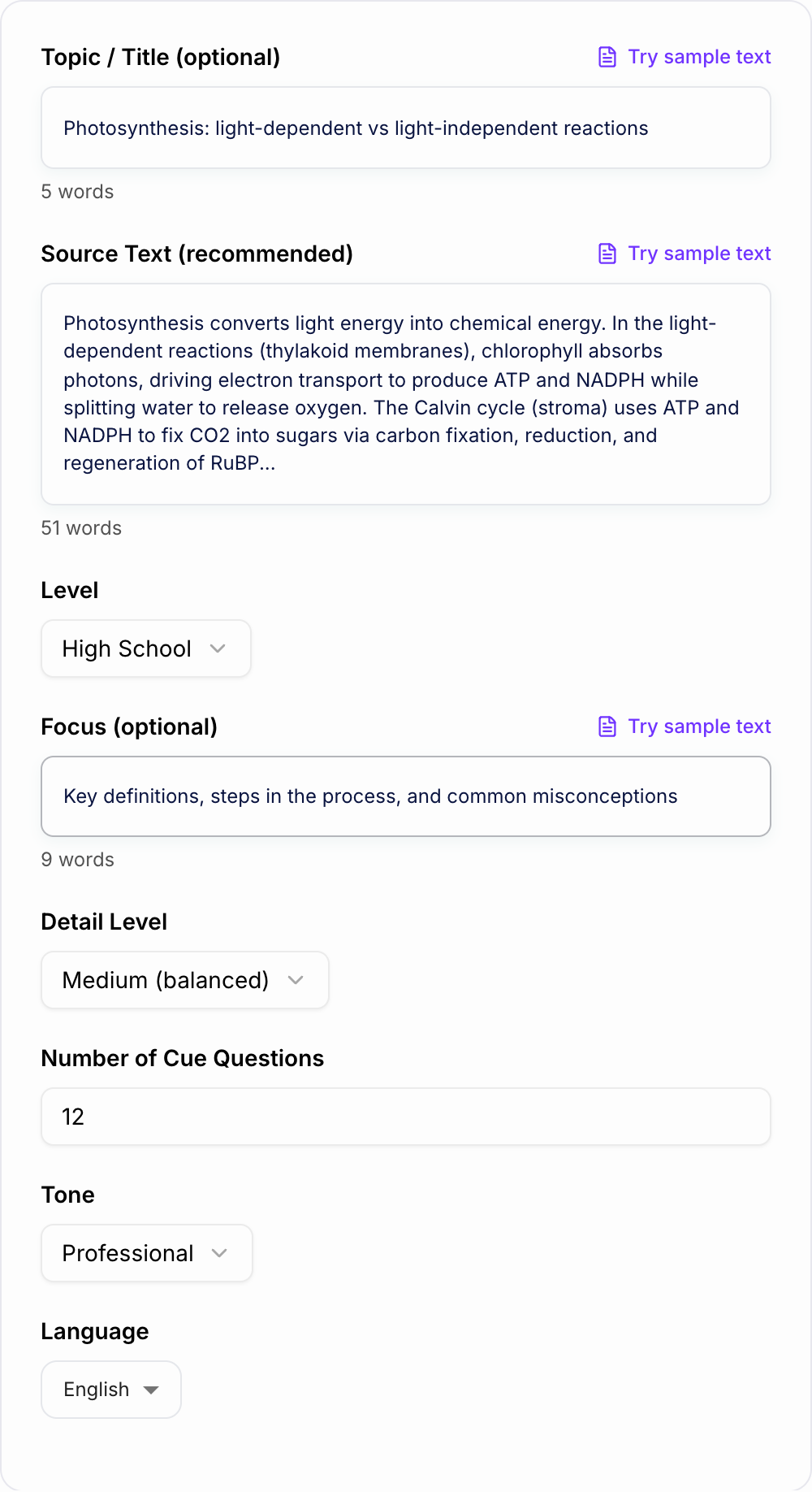 Screenshot of the AI Cornell Notes Generator form with lecture notes and cue-question settings filled in