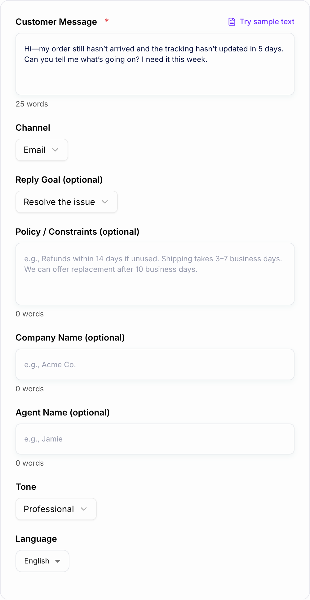 Screenshot of the AI Customer Reply Generator workspace