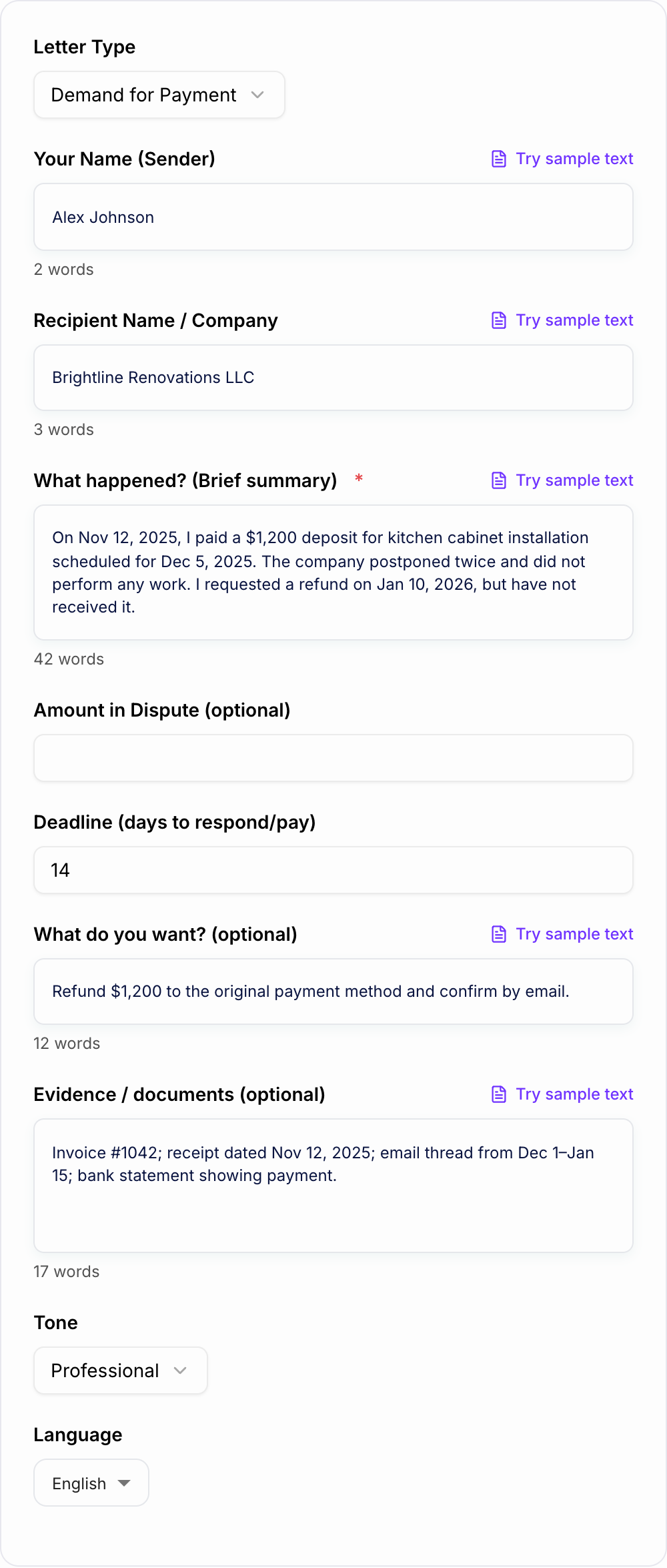 Screenshot of the AI Demand Letter Generator form with the dispute, amount, and deadline filled in