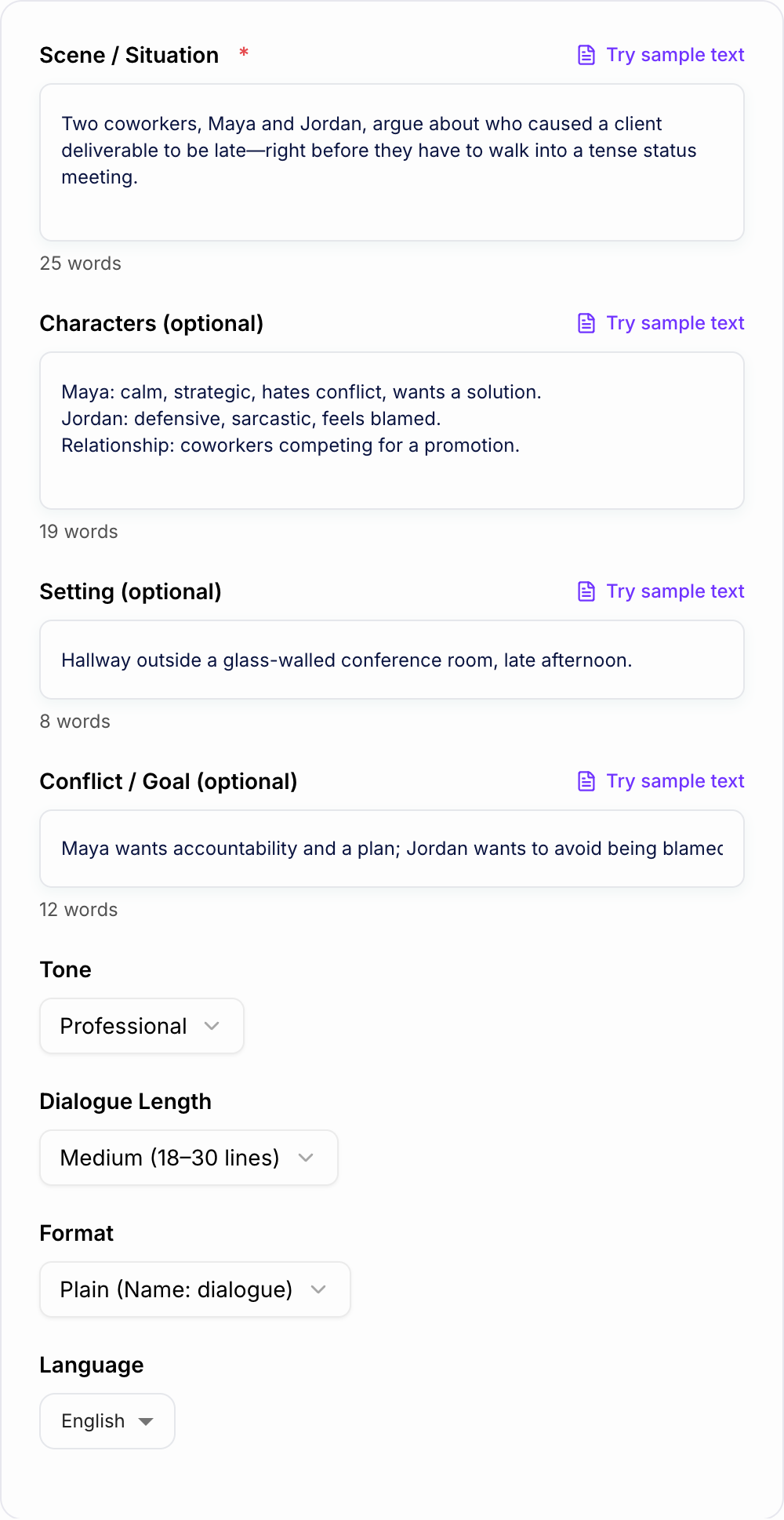 Screenshot of the AI Dialogue Generator form with characters, goal, and scene conflict filled in
