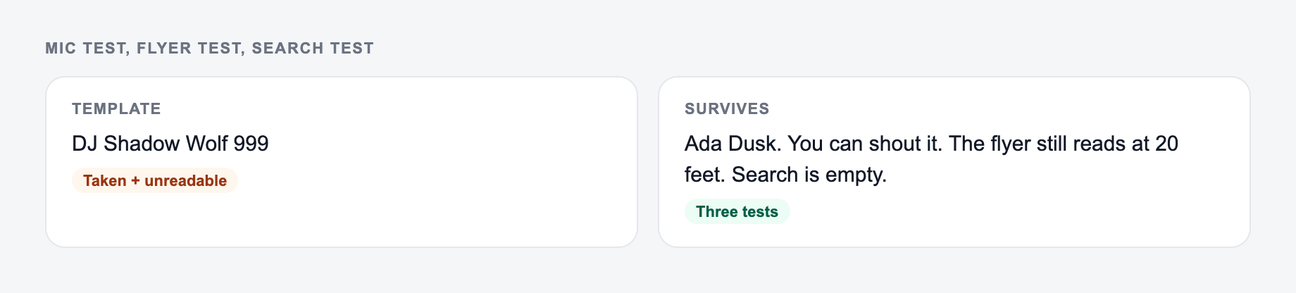 Screenshot from the AI DJ Name Generator showing a DJ name that survives a mic and a flyer