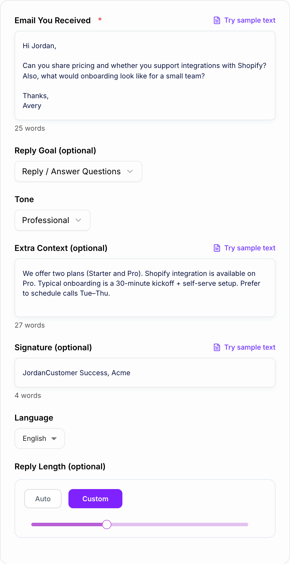 Screenshot of the AI Email Reply Generator form with a received email, reply goal, and tone fields filled in