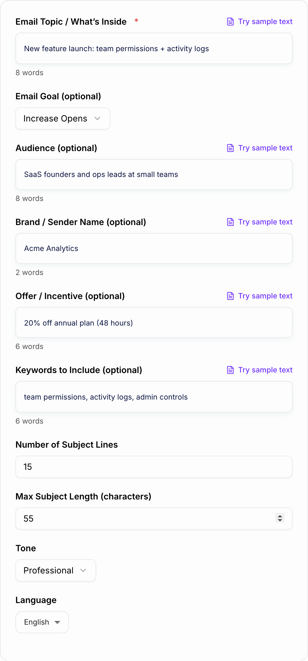 Screenshot of the AI Email Subject Line Generator form