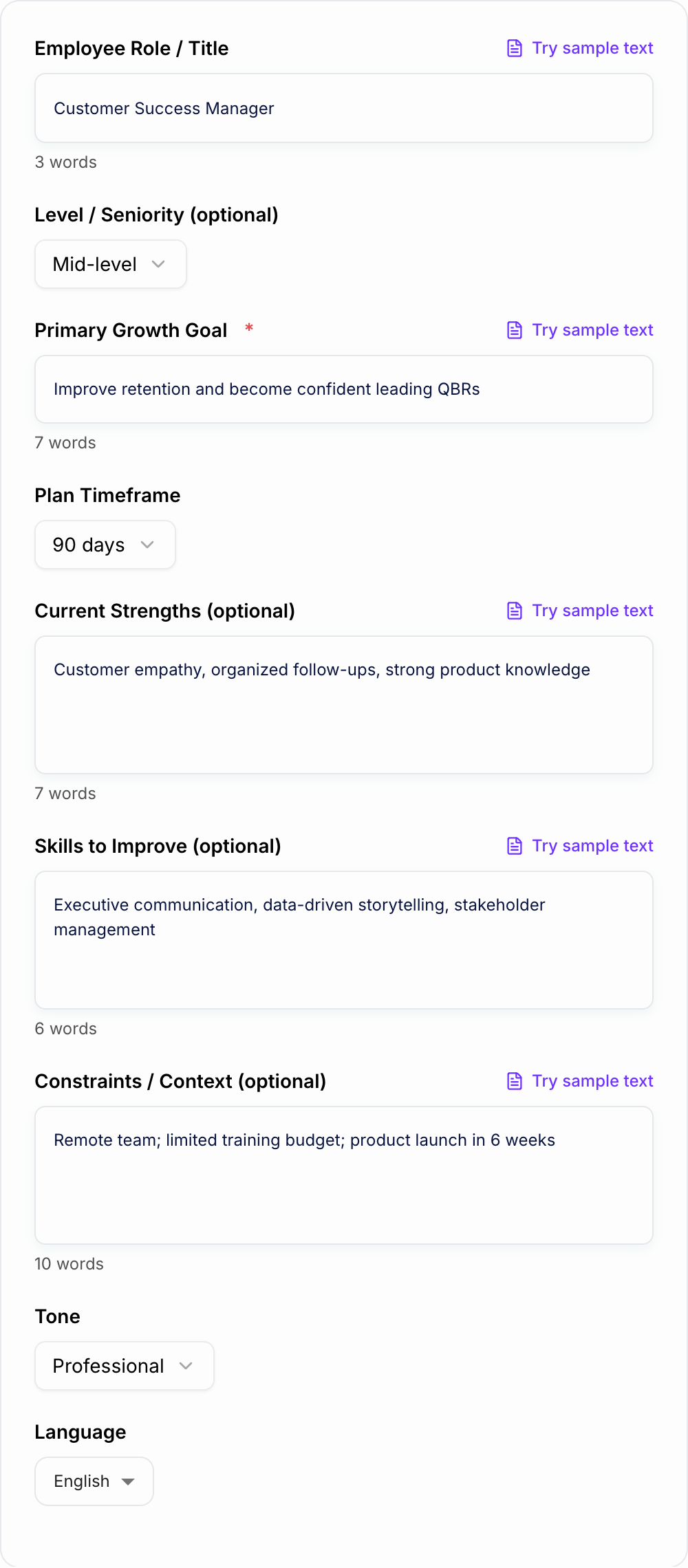 Screenshot of the AI Employee Growth Plan Generator form with role, goal, and a timebox filled in