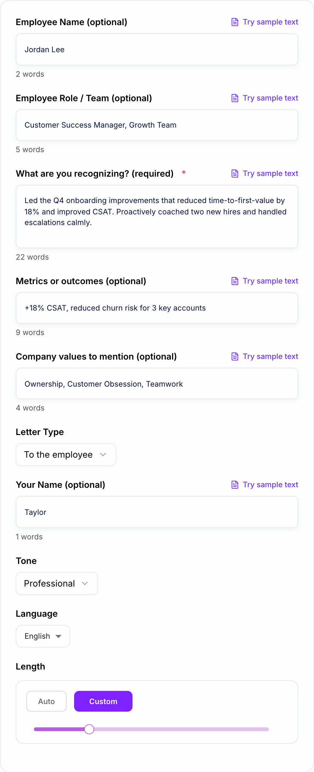 Screenshot of the AI Employee Recognition Letter Generator form with the person, behavior, and impact filled in