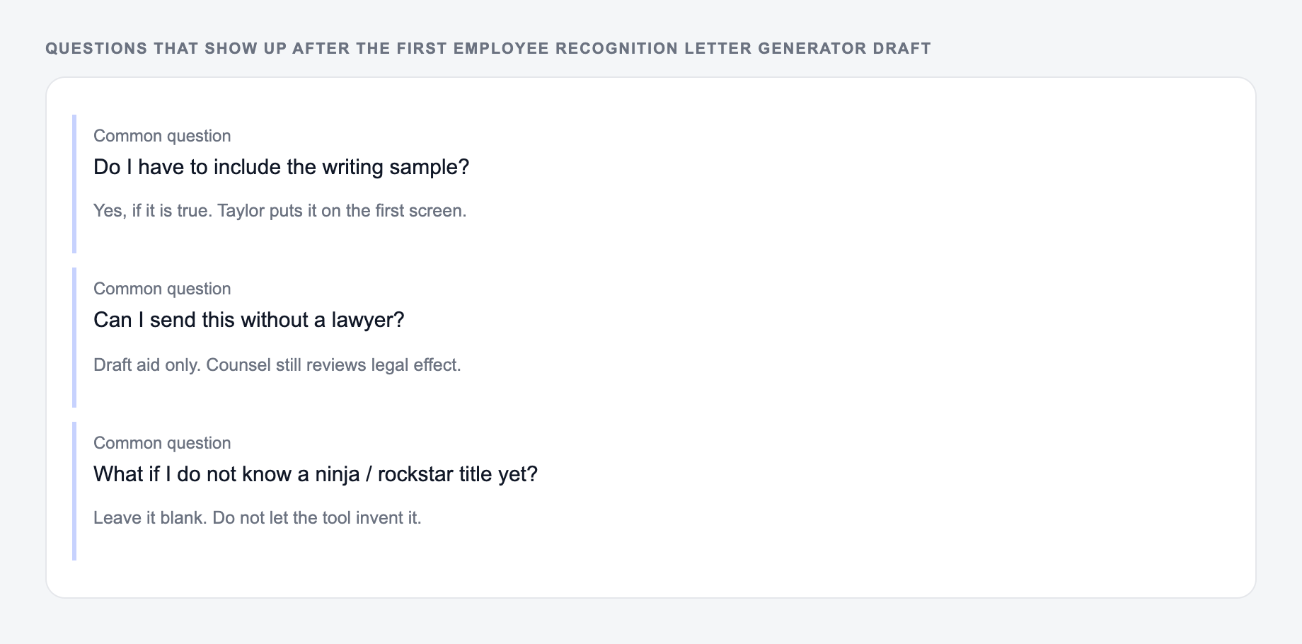 Screenshot of three common questions people ask after generating with the Employee Recognition Letter Generator, including what to lock (the Friday ship and the sample) and when to stop