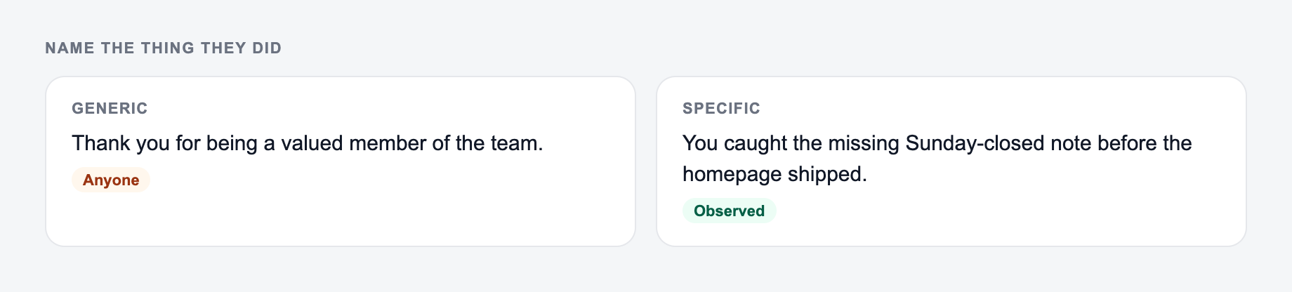 Screenshot from the AI Employee Recognition Letter Generator showing a recognition note that names the thing they did, versus valued-member copy