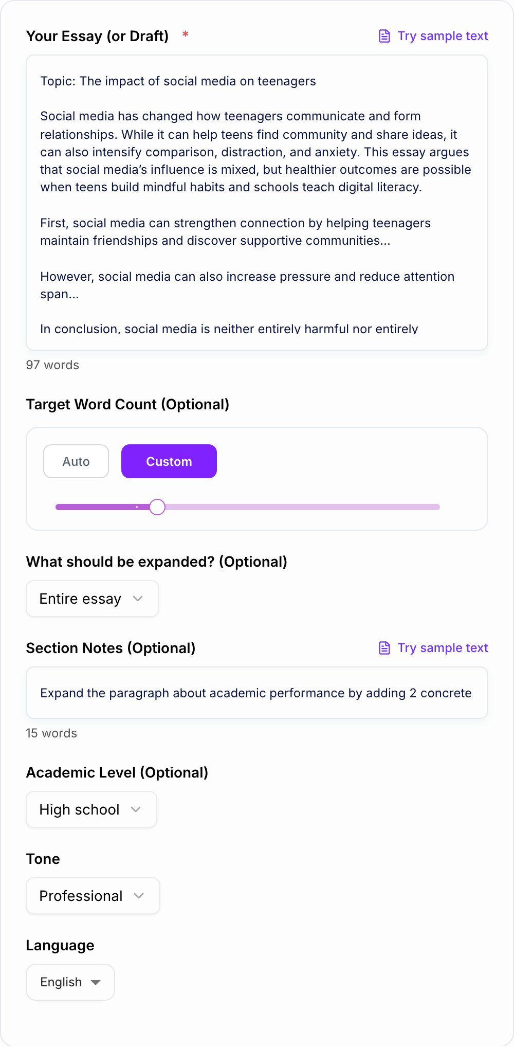 Screenshot of the AI Essay Extender Generator workspace
