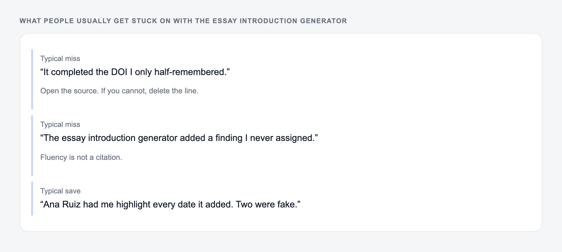 Screenshot of three review notes about the Essay Introduction Generator, including a complaint that the draft invented the 2025 year and a save that locked author names, year, and the DOI