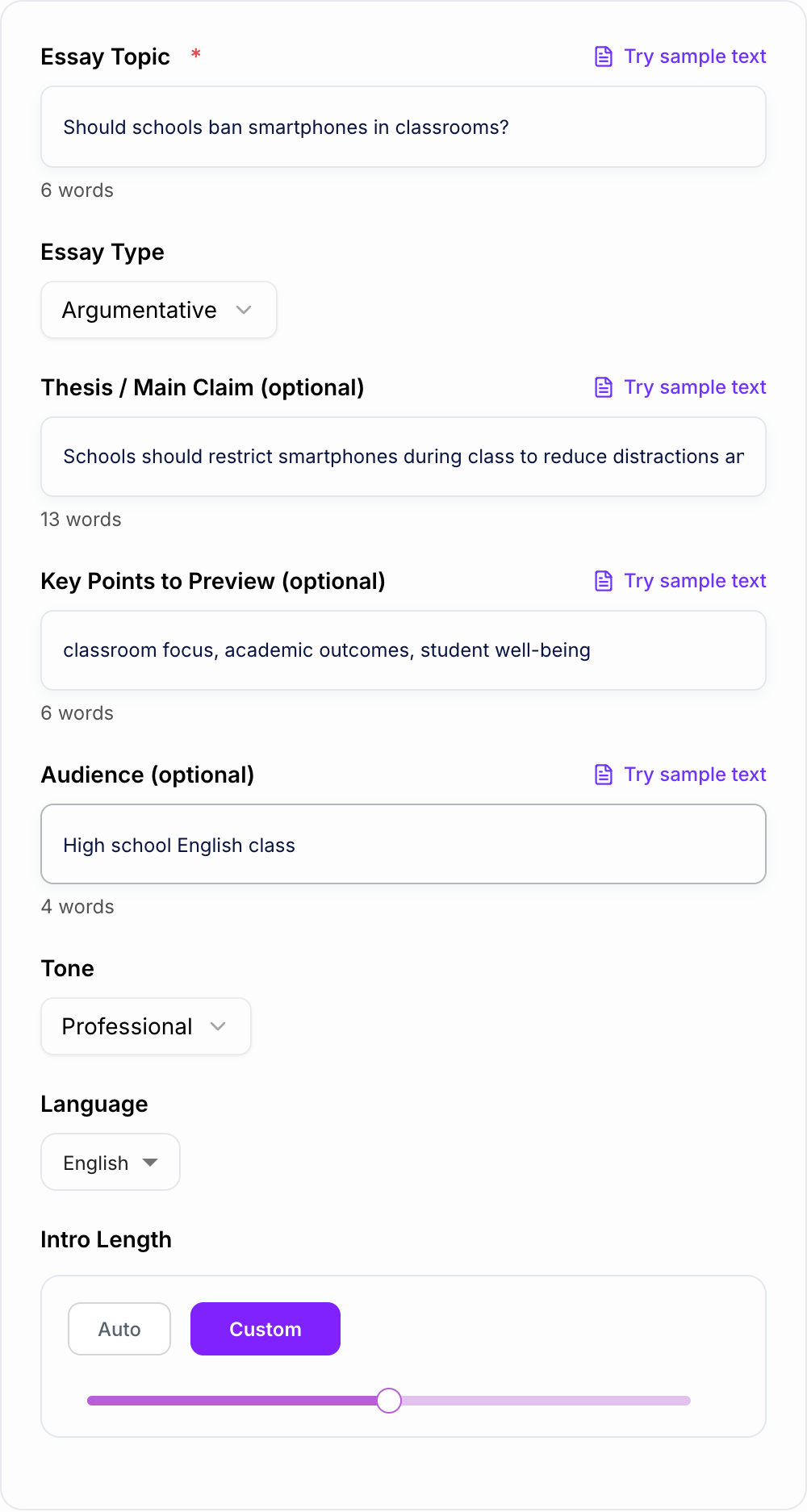 Screenshot of the AI Essay Introduction Generator form