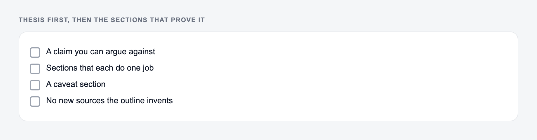 Screenshot from the AI Essay Outline Generator showing an essay outline that states a thesis and the evidence each section must carry
