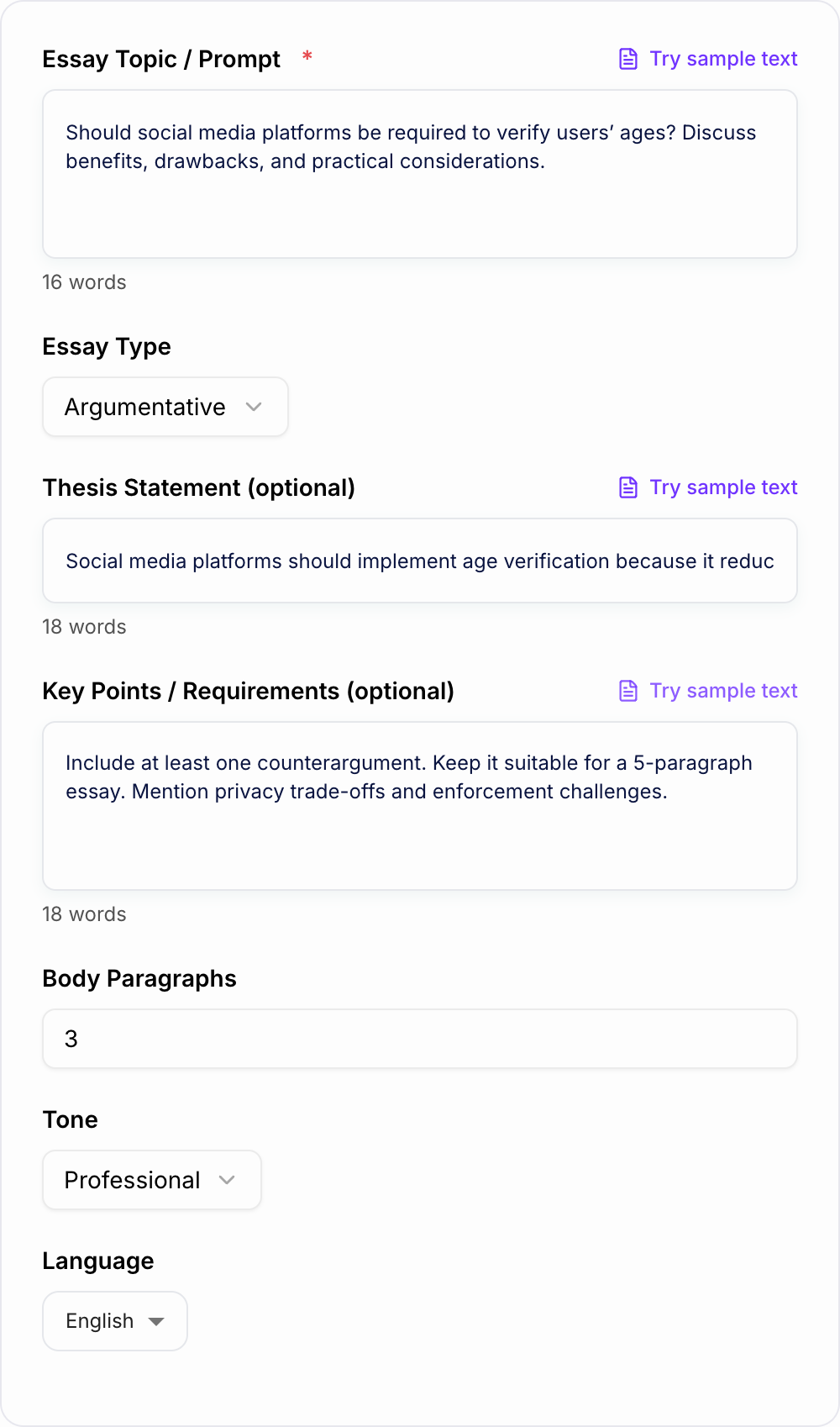 Screenshot of the AI Essay Outline Generator form with thesis, audience, and essay type filled in