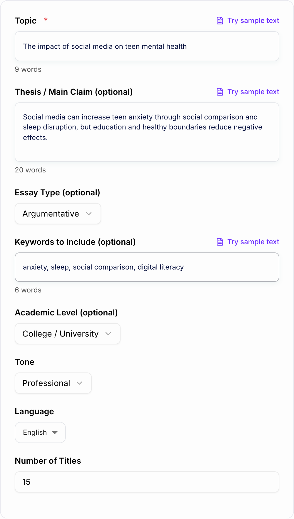 Screenshot of the AI Essay Title Generator form