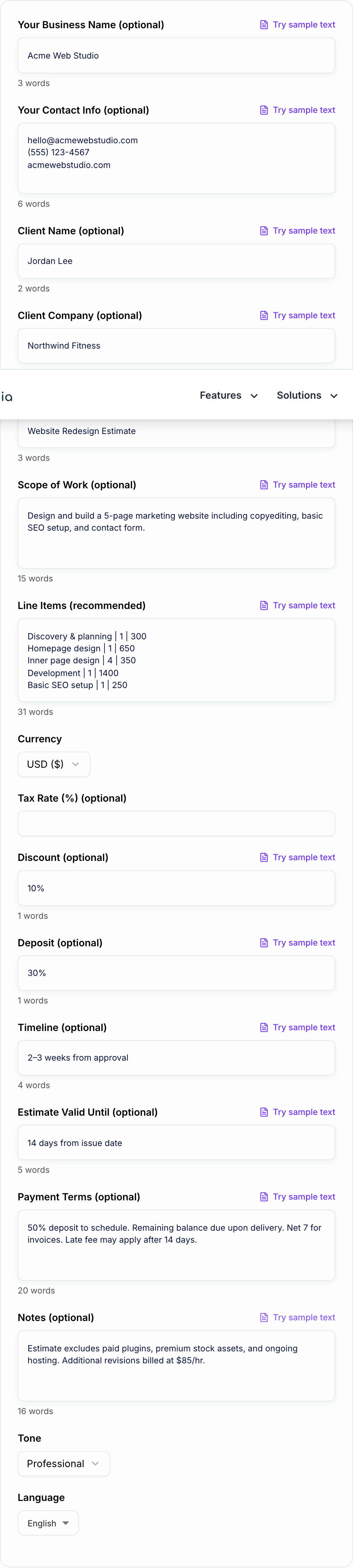 Screenshot of the Estimate Generator workspace