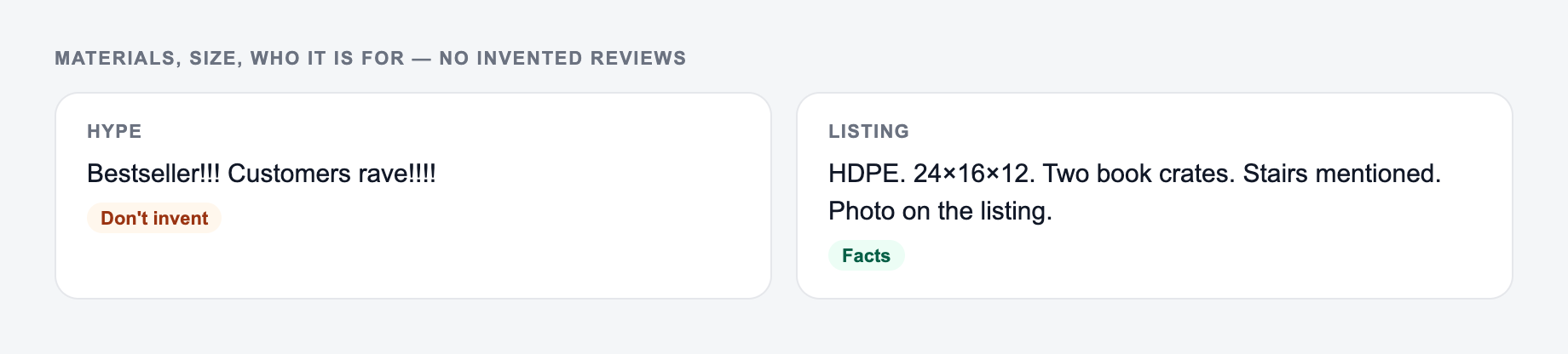 Screenshot from the Etsy Product Description Generator showing an Etsy description that names the object and the buyer, versus handmade-with-love