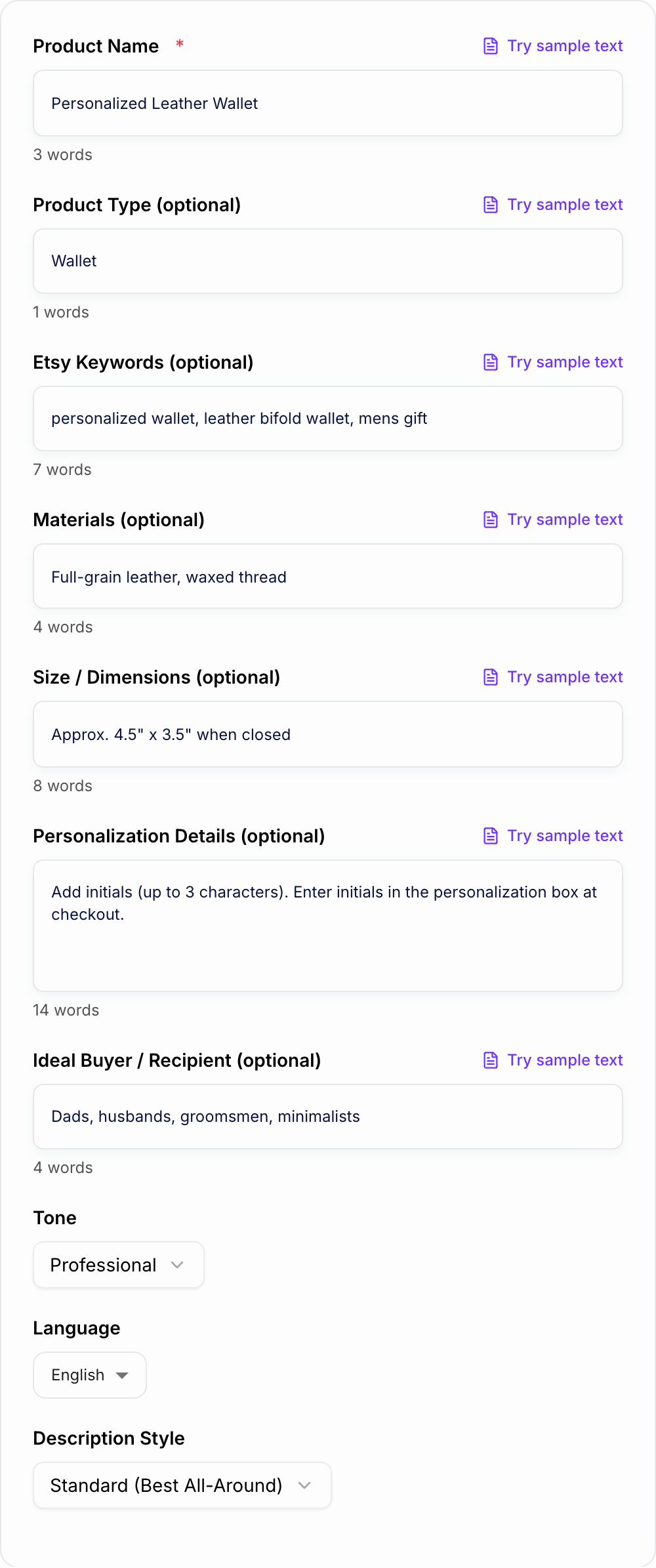 Screenshot of the AI Etsy Product Description Generator form with materials, size, and buyer use filled in