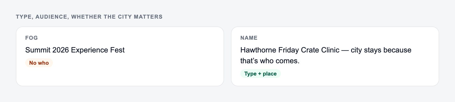 Screenshot from the AI Event Name Generator showing an event name people can say out loud and search
