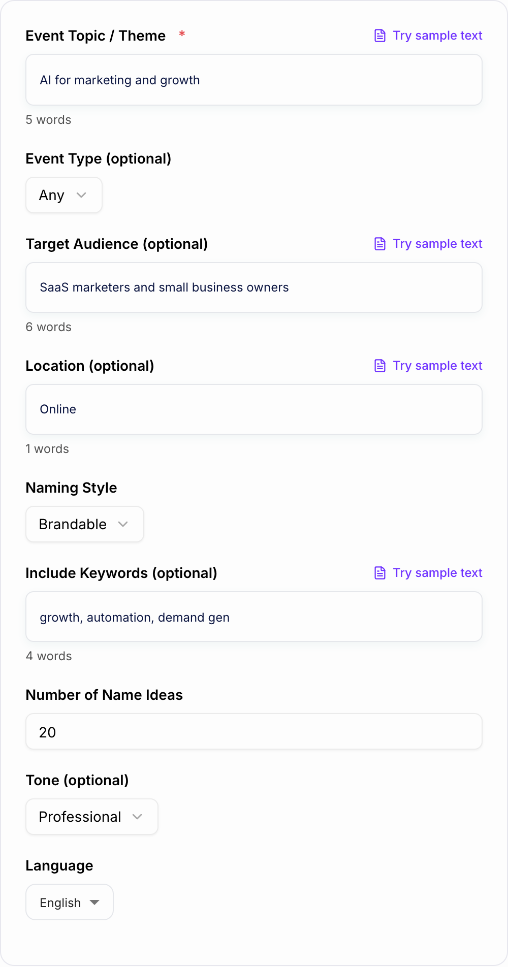 Screenshot of the AI Event Name Generator form with event type, audience, and location filled in