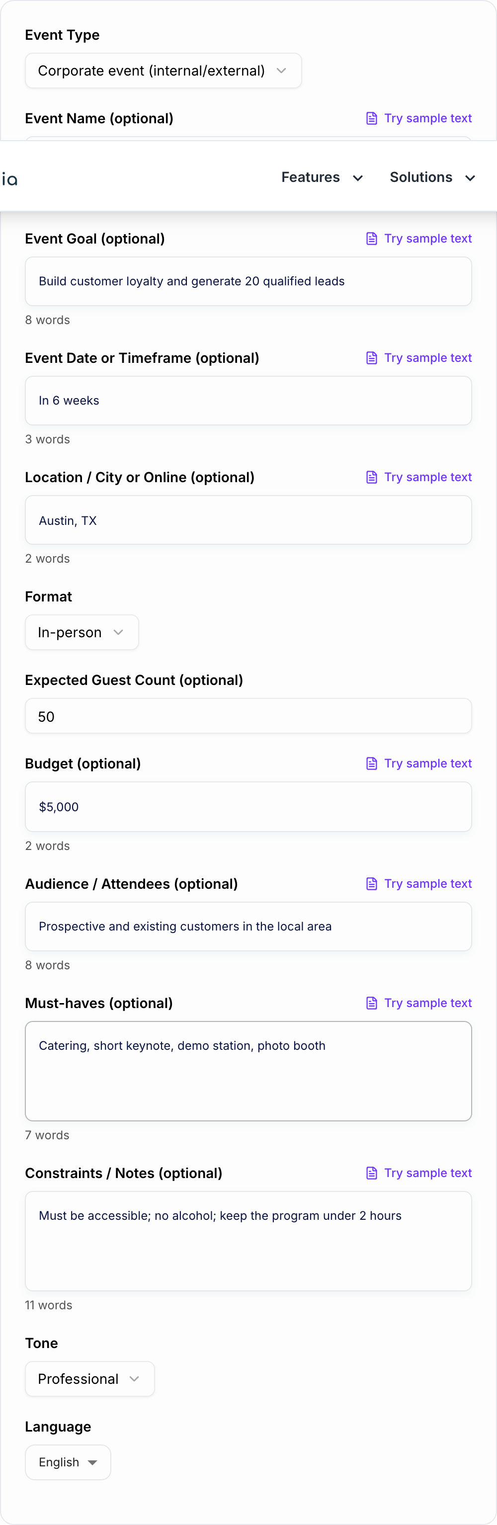 Screenshot of the AI Event Plan Generator workspace
