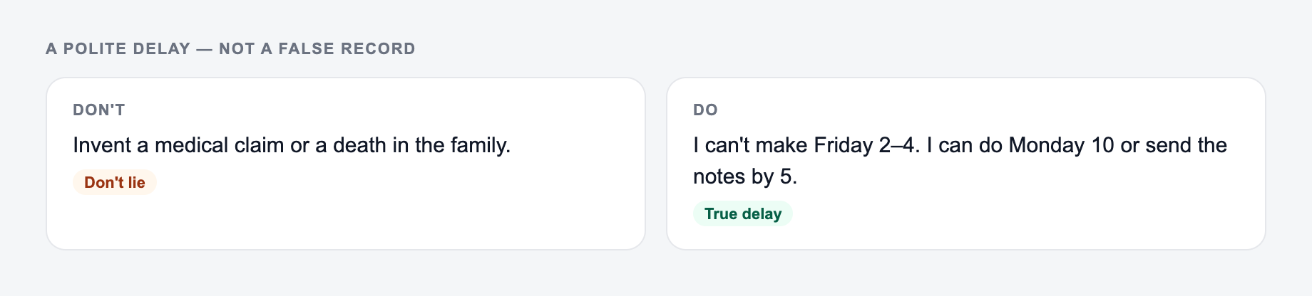 Screenshot from the AI Excuse Generator showing a polite delay that does not invent a medical claim