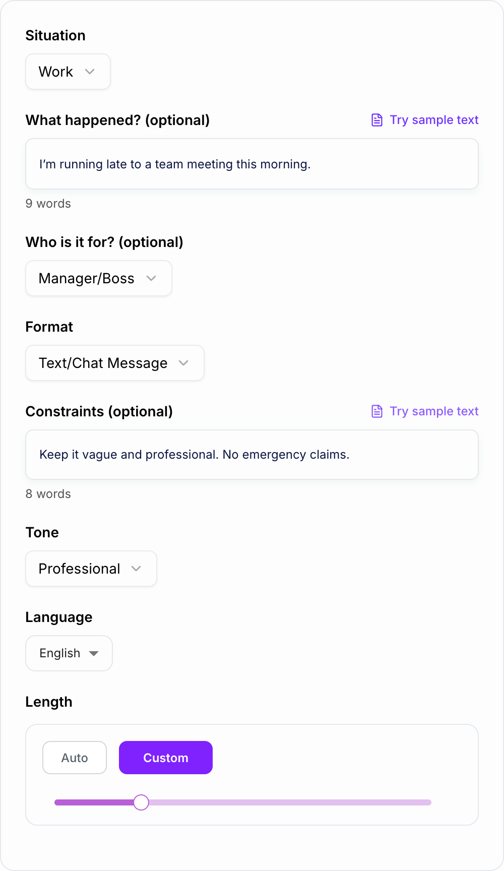 Screenshot of the AI Excuse Generator form