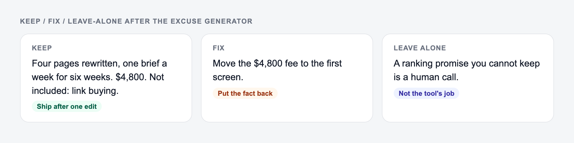 Screenshot of a keep / fix / leave-alone guide for the Excuse Generator: keep the line that names four rewritten pages, put the $4,800 fee back, and do not outsource the SOW