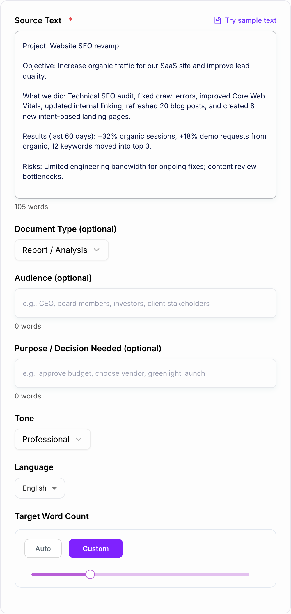 Screenshot of the AI Executive Summary Generator form