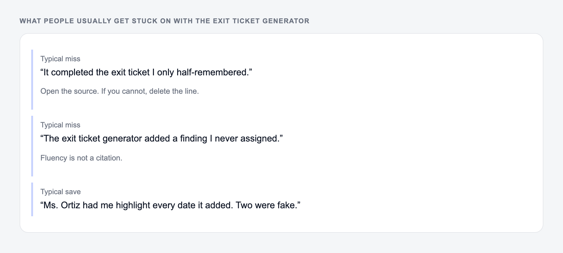 Screenshot of three review notes about the Exit Ticket Generator, including a complaint that the draft invented 12 minutes and a save that locked the Friday reading and the 12-minute window