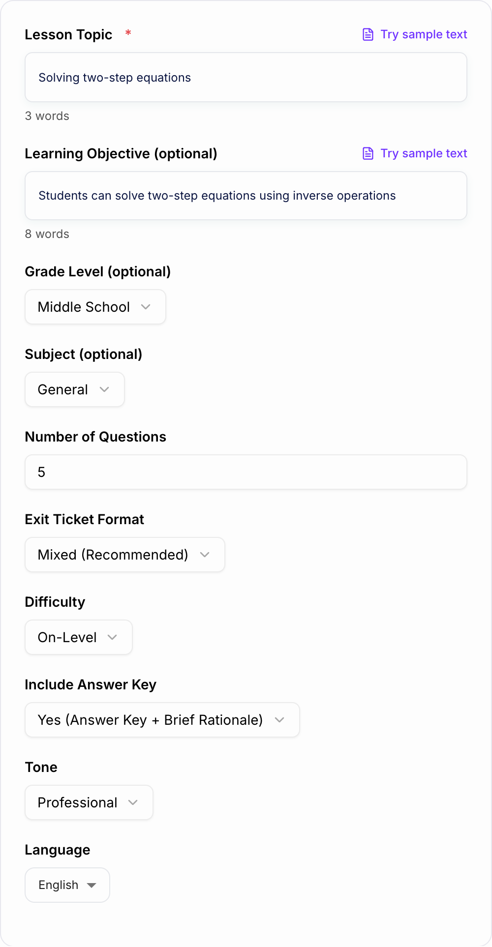 Screenshot of the AI Exit Ticket Generator form