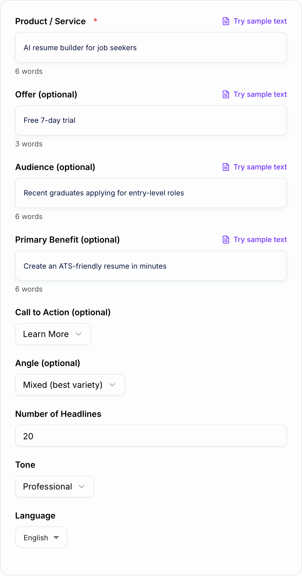Screenshot of the AI Facebook Ad Headlines Generator form with offer, audience, and campaign type filled in