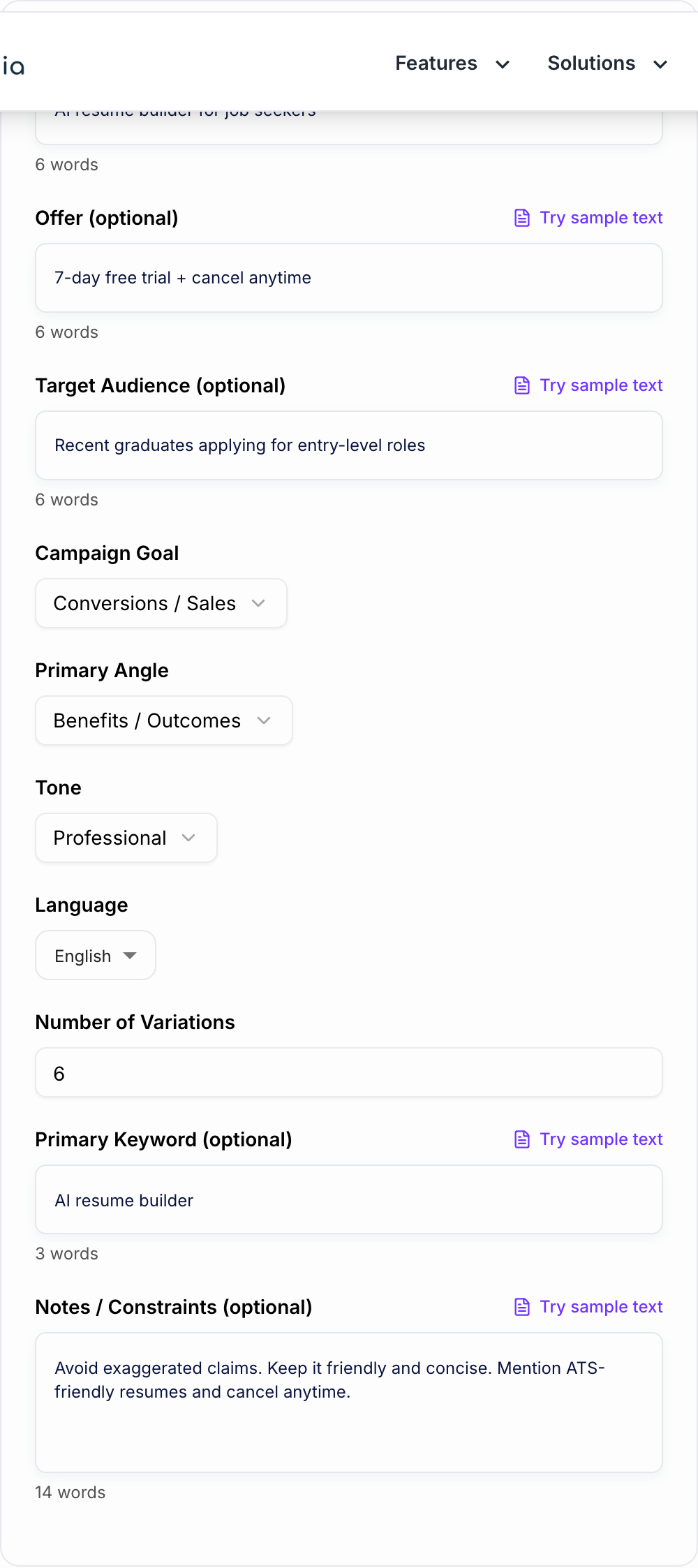 Screenshot of the Facebook Ads Primary Text Generator workspace