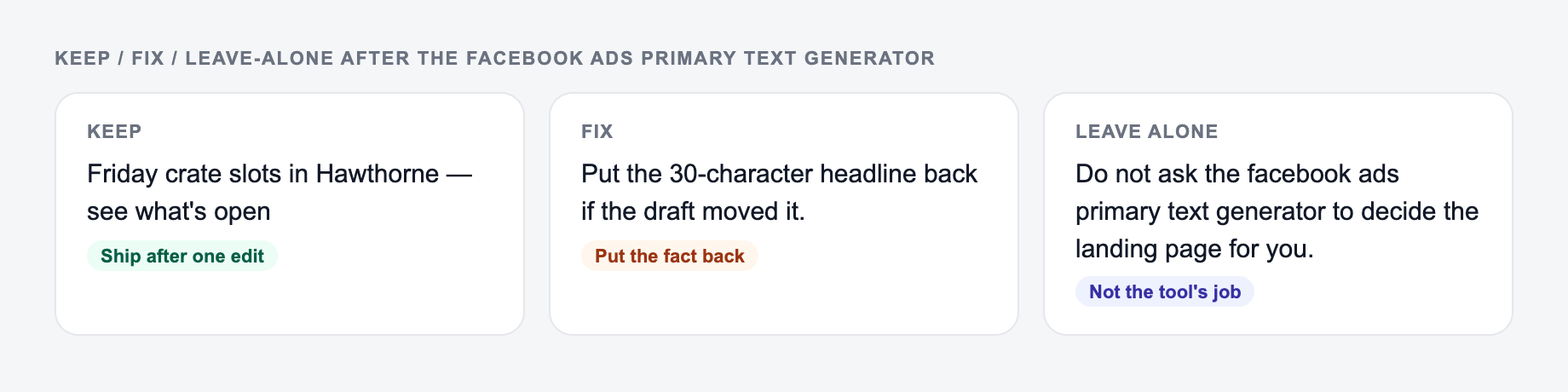 Screenshot of a keep / fix / leave-alone guide for the Facebook Ads Primary Text Generator: keep the line that names headline 1, put the 30-character headline back, and do not outsource the landing page