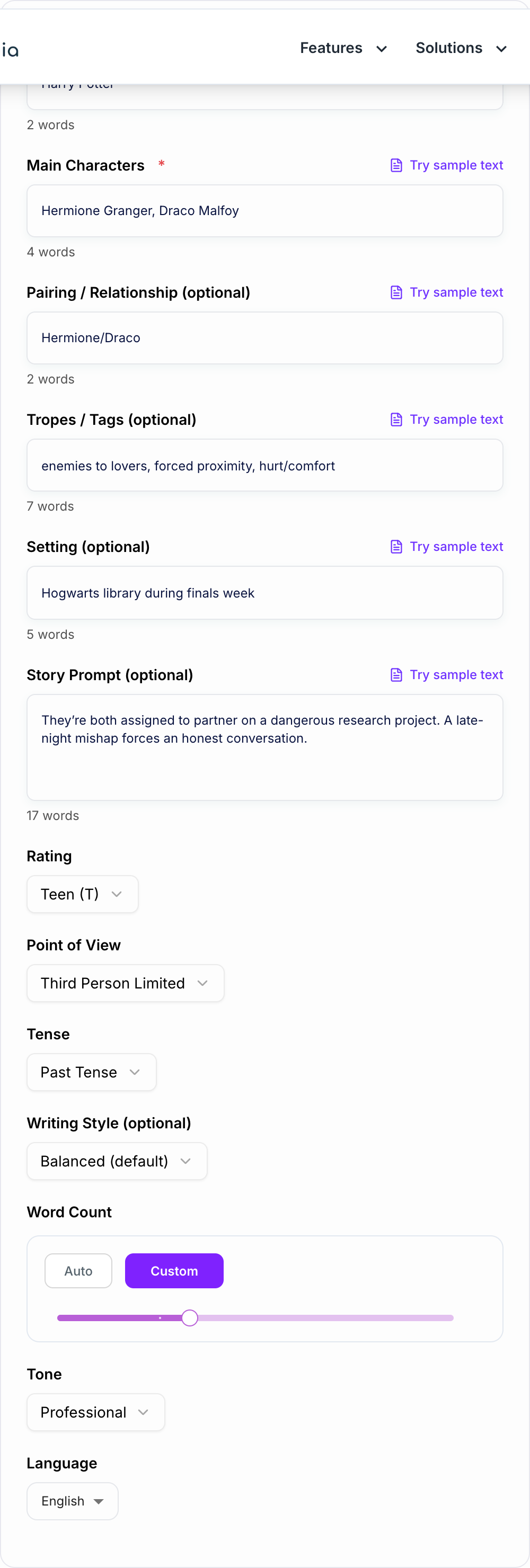 Screenshot of the AI Fanfiction Generator workspace