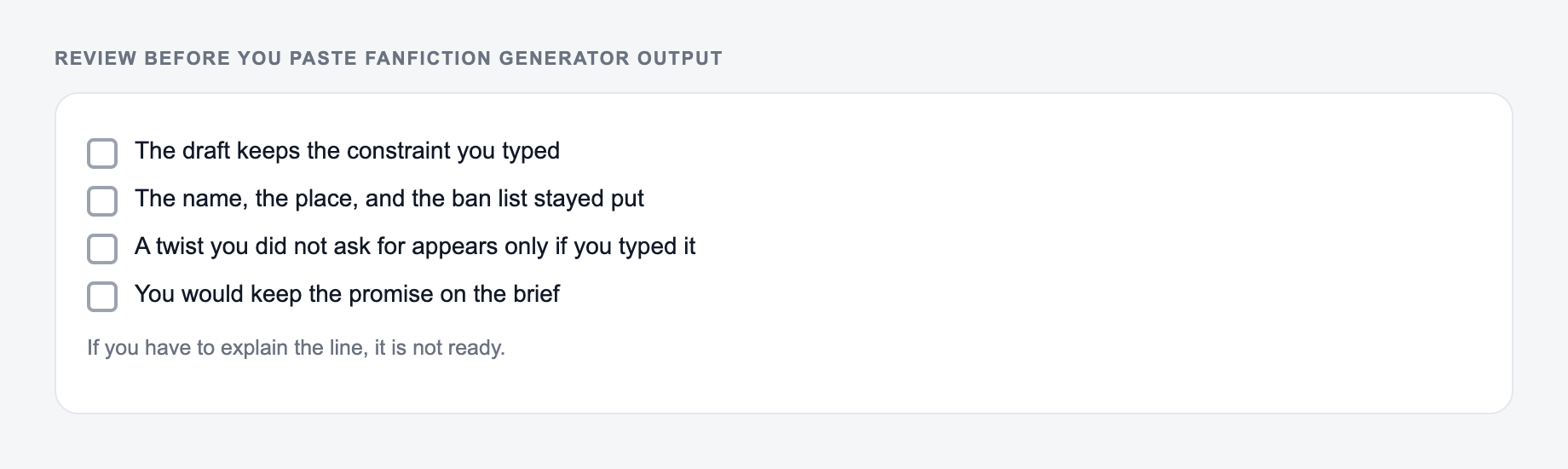 Screenshot of a four-item review checklist for Fanfiction Generator output, covering what must stay true and what the draft is not allowed to invent