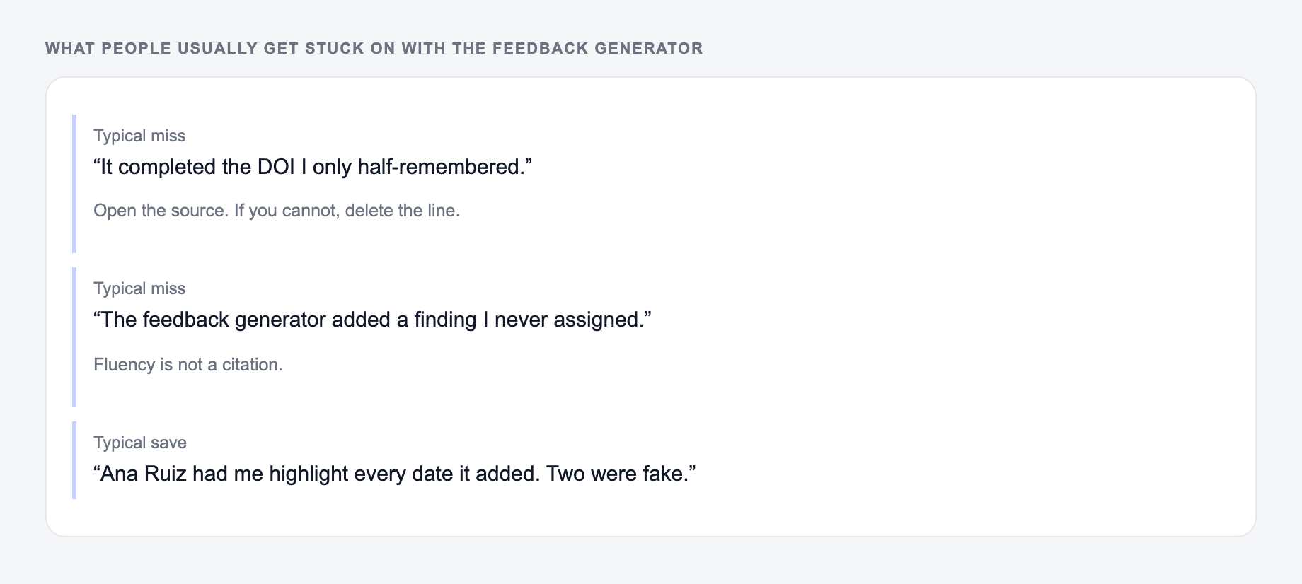 Screenshot of three review notes about the Feedback Generator, including a complaint that the draft invented the 2025 year and a save that locked author names, year, and the DOI