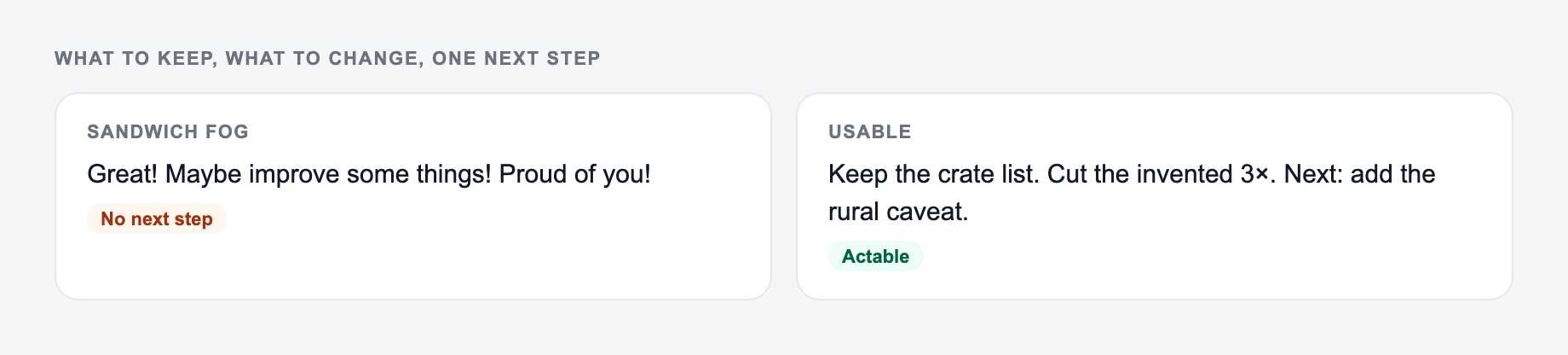 Screenshot from the AI Feedback Generator showing feedback that names the thing you saw, versus great-job