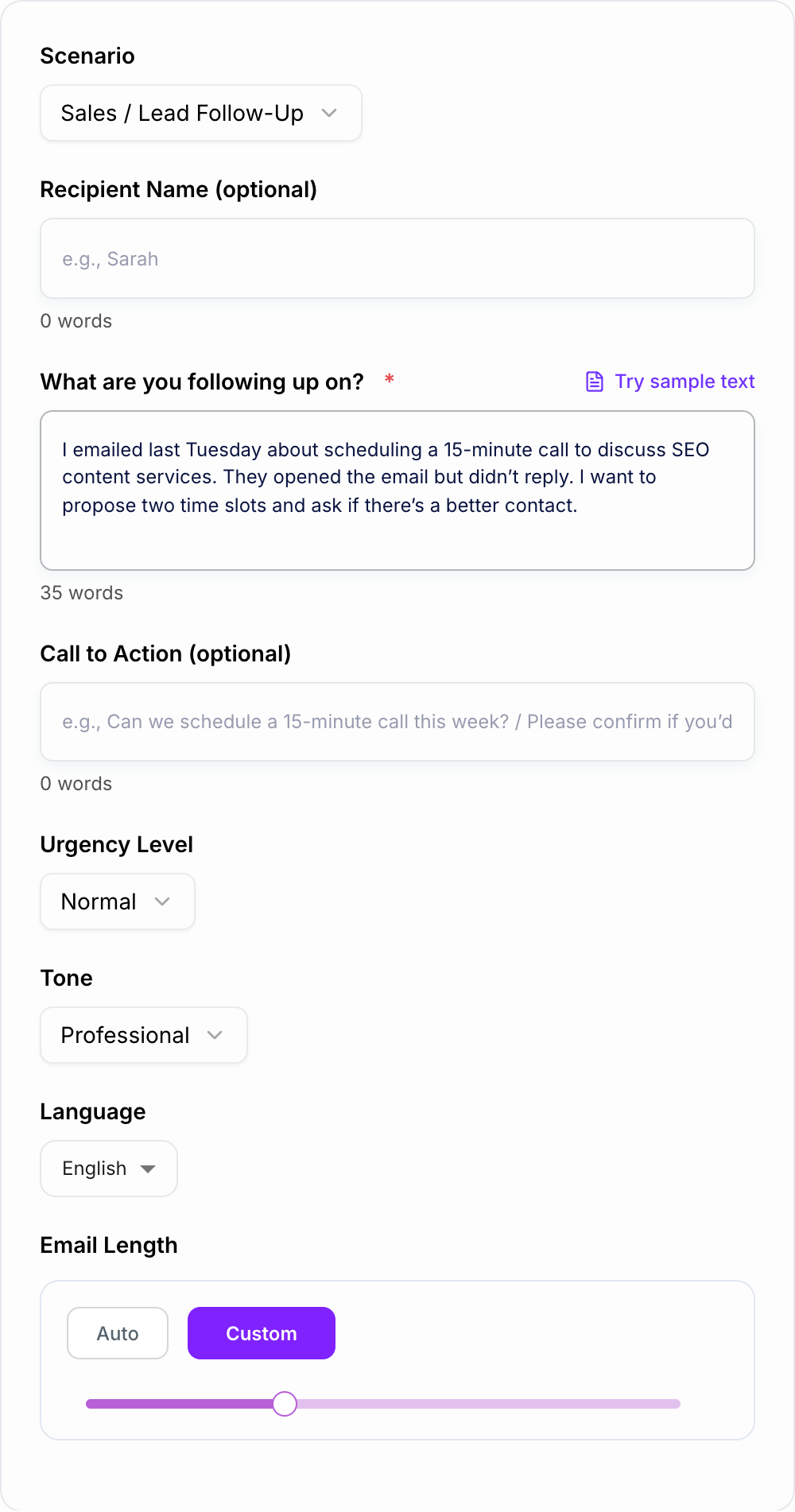 Screenshot of the AI Follow-Up Email Generator workspace