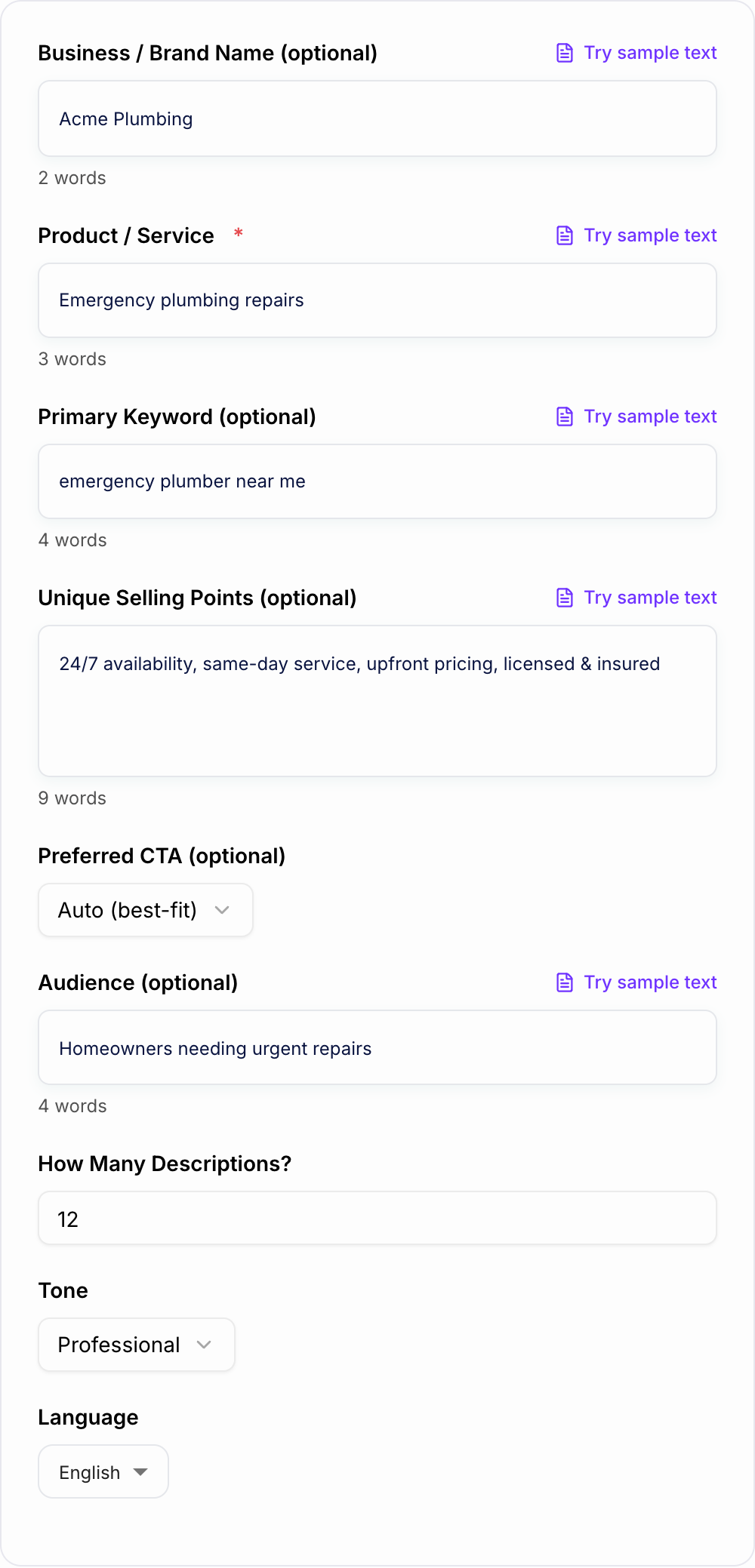 Screenshot of the AI Google Ads Descriptions Generator form with offer, keyword, and landing-page fields filled in