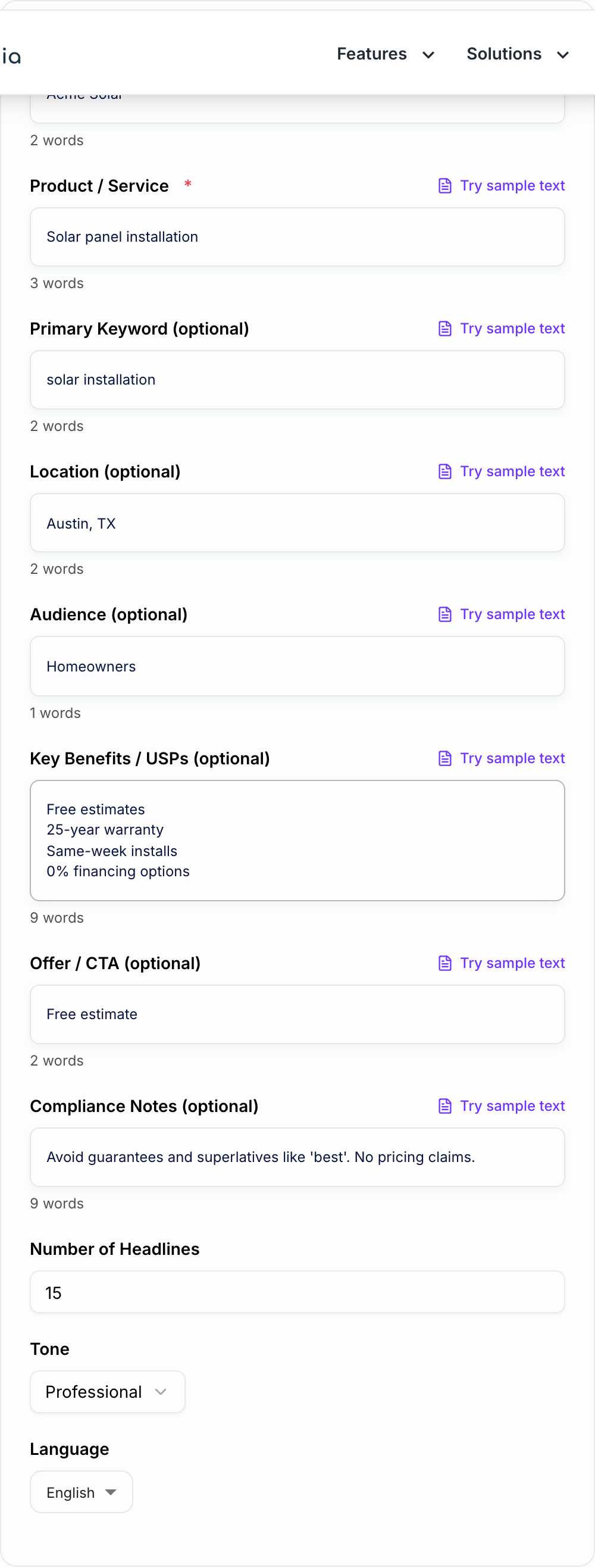 Screenshot of the Google Ads Headlines Generator form