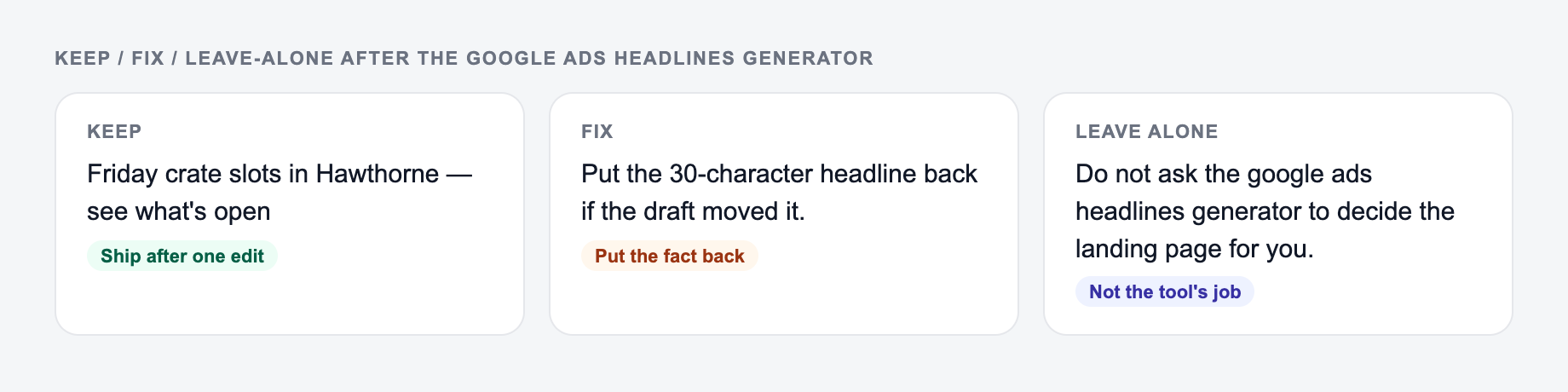 Screenshot of a keep / fix / leave-alone guide for the Google Ads Headlines Generator: keep the line that names headline 1, put the 30-character headline back, and do not outsource the landing page