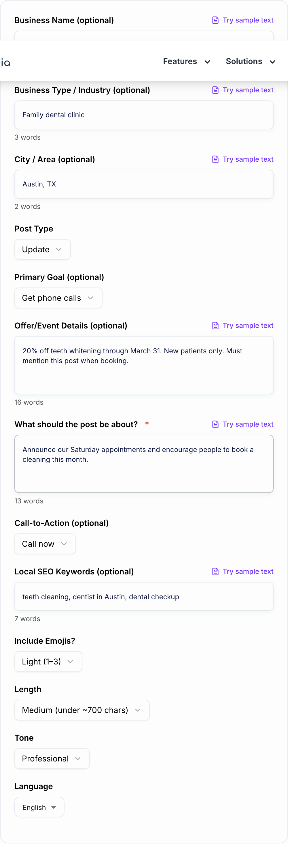 Screenshot of the Google Business Profile Post Generator form