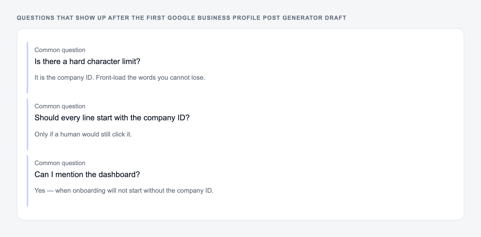 Screenshot of three common questions people ask after generating with the Google Business Profile Post Generator, including what to lock (product names and the company ID) and when to stop