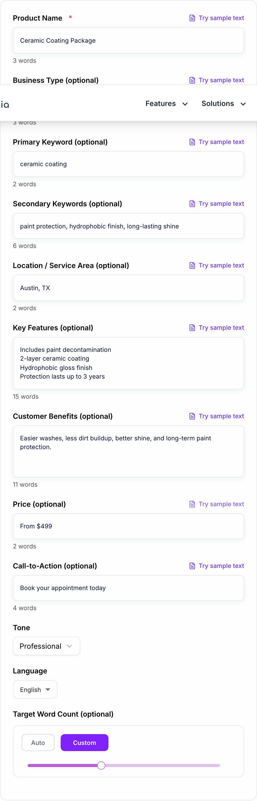 Screenshot of the Google Business Profile Product Description Generator workspace